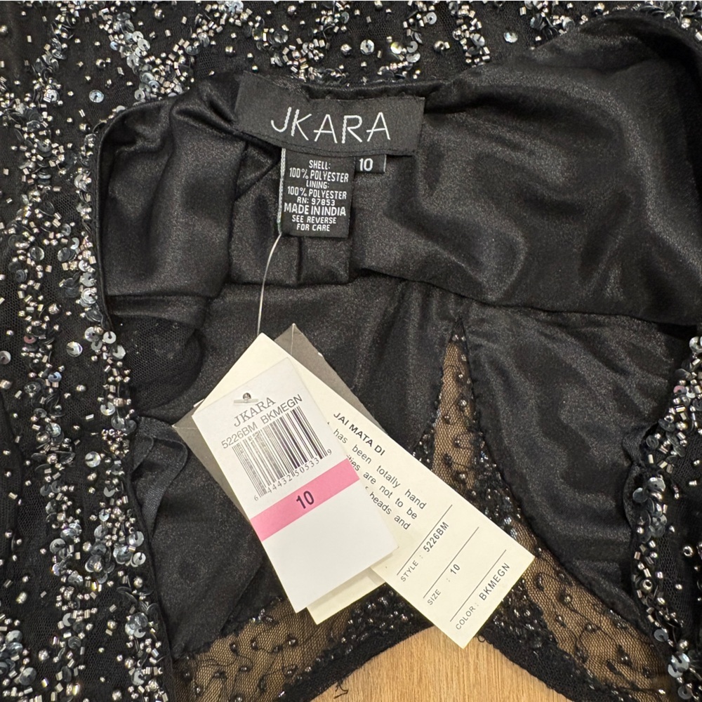 NWT πJ KARAπ BEADED BODICE CHIFFON EVENING DRESS BLACK / SILVER SZ 10 - Picture 6 of 9